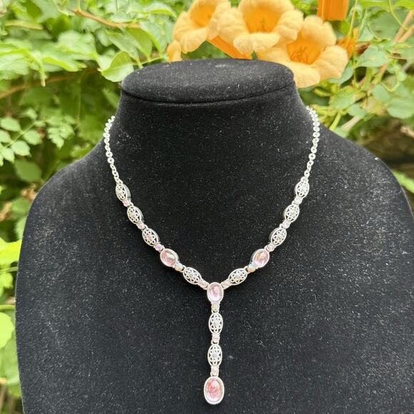 VTG Avon Silver Plate Filigree Cabochon AB Rhinstone Y Drop Lavaliere Necklace - Picture 3 of 16